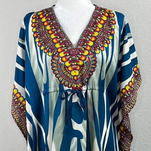 Shoreline Wear Blue Multi Abstract Animal Stripe Cinched Kaftan Midi Dress OS - Picture 7 of 16